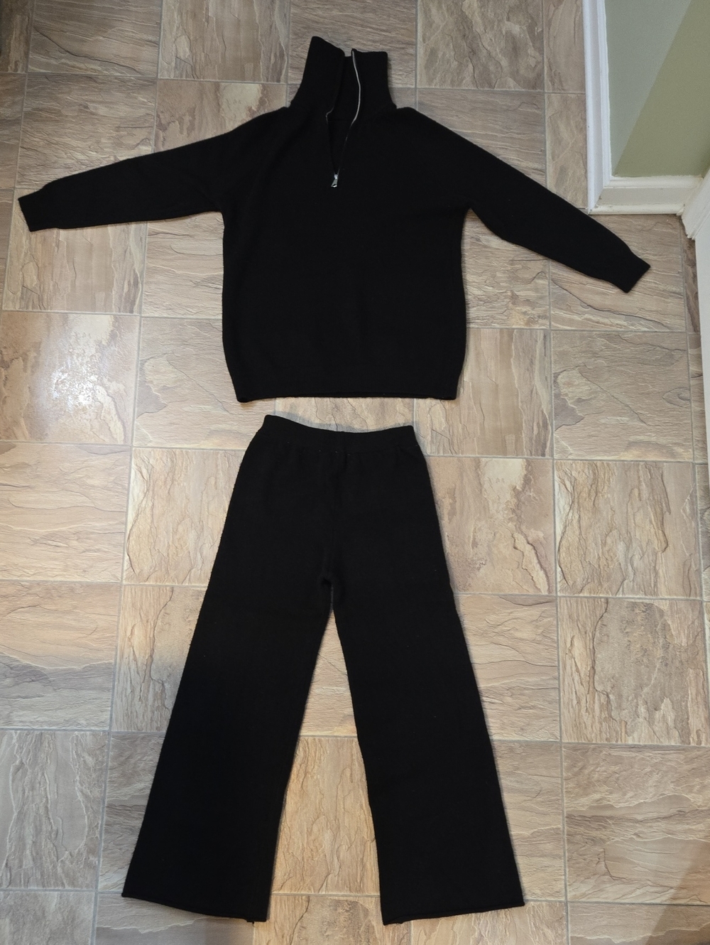 Black Knit Zip-Neck Sweater & Wide-Leg Pant Set - NWOT